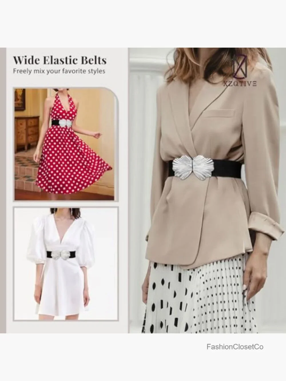 Wide Elastic Belt with Suede and Boho Shell Gold Buckle - Stretchy Fashion